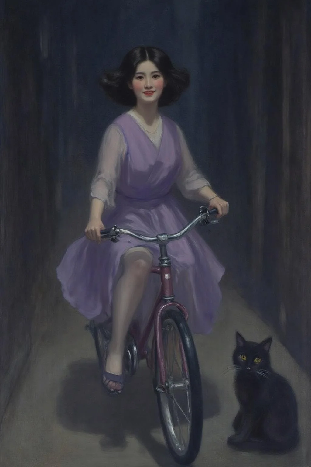 frankowensalisbury1 painting.
A Japanese girl riding a old style bicycle through a narrow, quiet street at night. The happy woman wears a simple, flowing purple dress. In the corner, a small black cat with piercing eyes sits watching her quietly. The mood is tranquil and slightly magical. <lora:frankowensalisbury1_cap_d8a4:1.0><lora:863239638083478994:0>