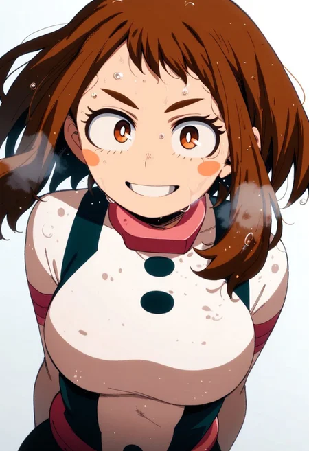 flatshinyskin, score_9, score_8_up, score_7_up , 1girl, 1girl, mosaic censoring, smile, slight seductive pose,, medium breasts, sweating, breasts,, long skirt, 1girl, solo focus, Upper body, hands behind back, wet, sweaty, sweating, steam
ochako_uraraka, 1girl, score_9, score_8_up, score_7_up, brown hair, brown eyes, white pupil, blush stickers, bodysuit, simple background, solo focus, perfect body, curvey, thick waist, thick body, skin tight dress, , front view, front focus, looking at viewer, seductive expression, smile, teeth, ANIMESTYLE
adult, oval face shape, long forehead bangs, milf, ADULT, long forehead bangs, bangs over eye,