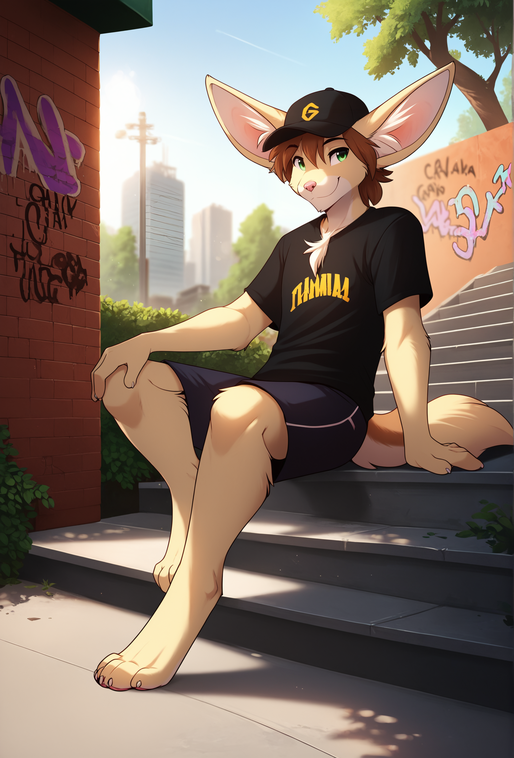 score_9, score_8_up, score_7_up, score_6_up, score_5_up, score_4_up, <lora:tom_fischbach_style_ponyXL_v1.5:0.75> tomfischbach, 1boy, solo, furry, fennec, brown hair, baseball cap, t-shirt, shorts, light green eyes, smile, public, city, graffiti, sitting on stairs, shorts, barefoot, chest tuft, depth of field, crepuscular rays