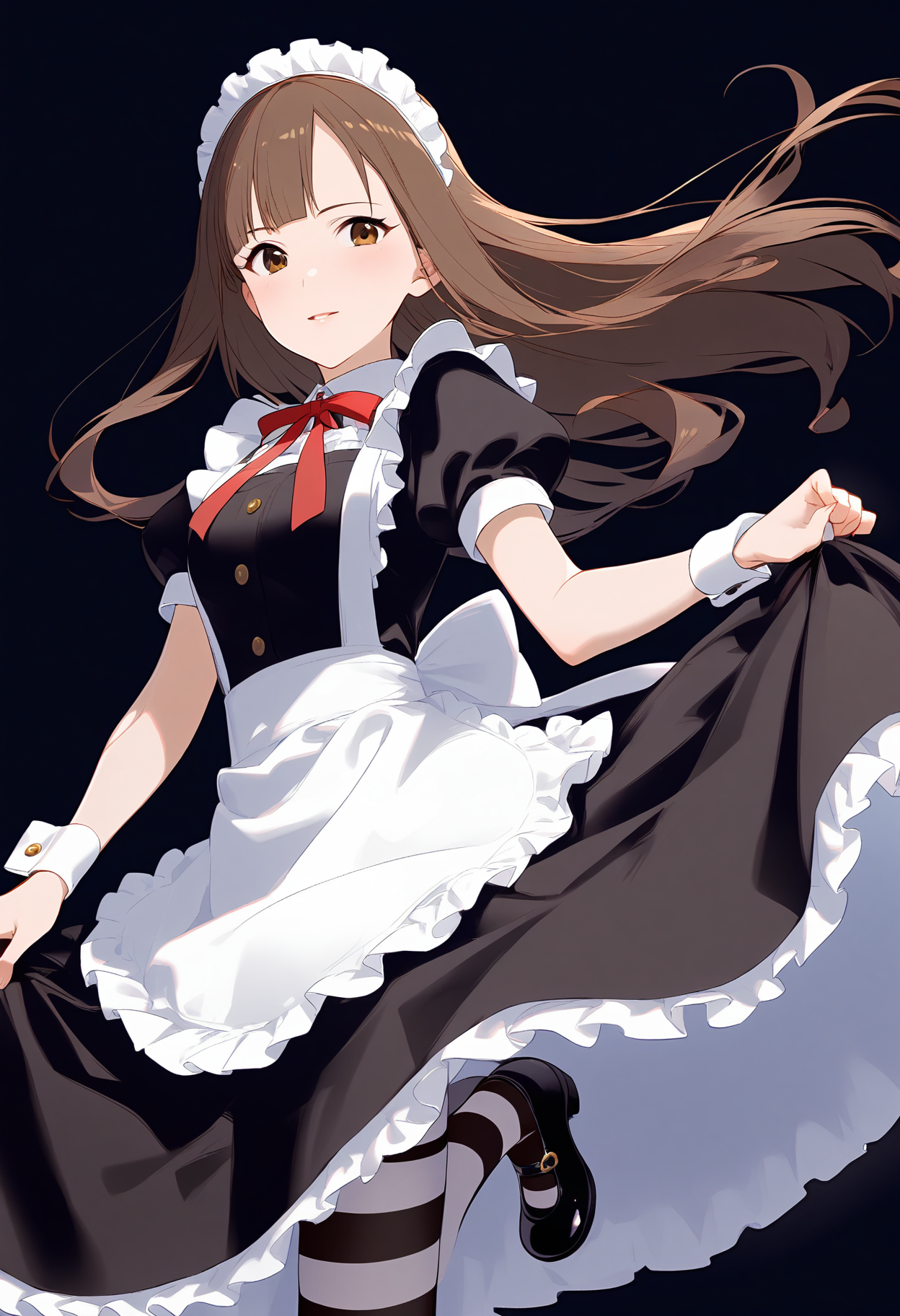 1girl,
mizumoto yukari,


dress, wrist cuffs, frilled skirt, skirt, full body, brown eyes, black footwear, mary janes, striped clothes, blunt bangs, ribbon, looking at viewer, floating hair, parted lips, red ribbon, neck ribbon, frilled apron, shoes, light smile, pantyhose, corset, frills, puffy short sleeves, solo, standing on one leg, blush, petticoat, black background, skirt hold, brown hair, maid headdress, enmaided, standing, white apron, striped pantyhose, long hair, short sleeves, black dress, puffy sleeves, maid, apron,

sfw
<lora:a31_char_new_mizumoto_yukari-000022:1> <lora:a31_style_koni-000010:0.8>