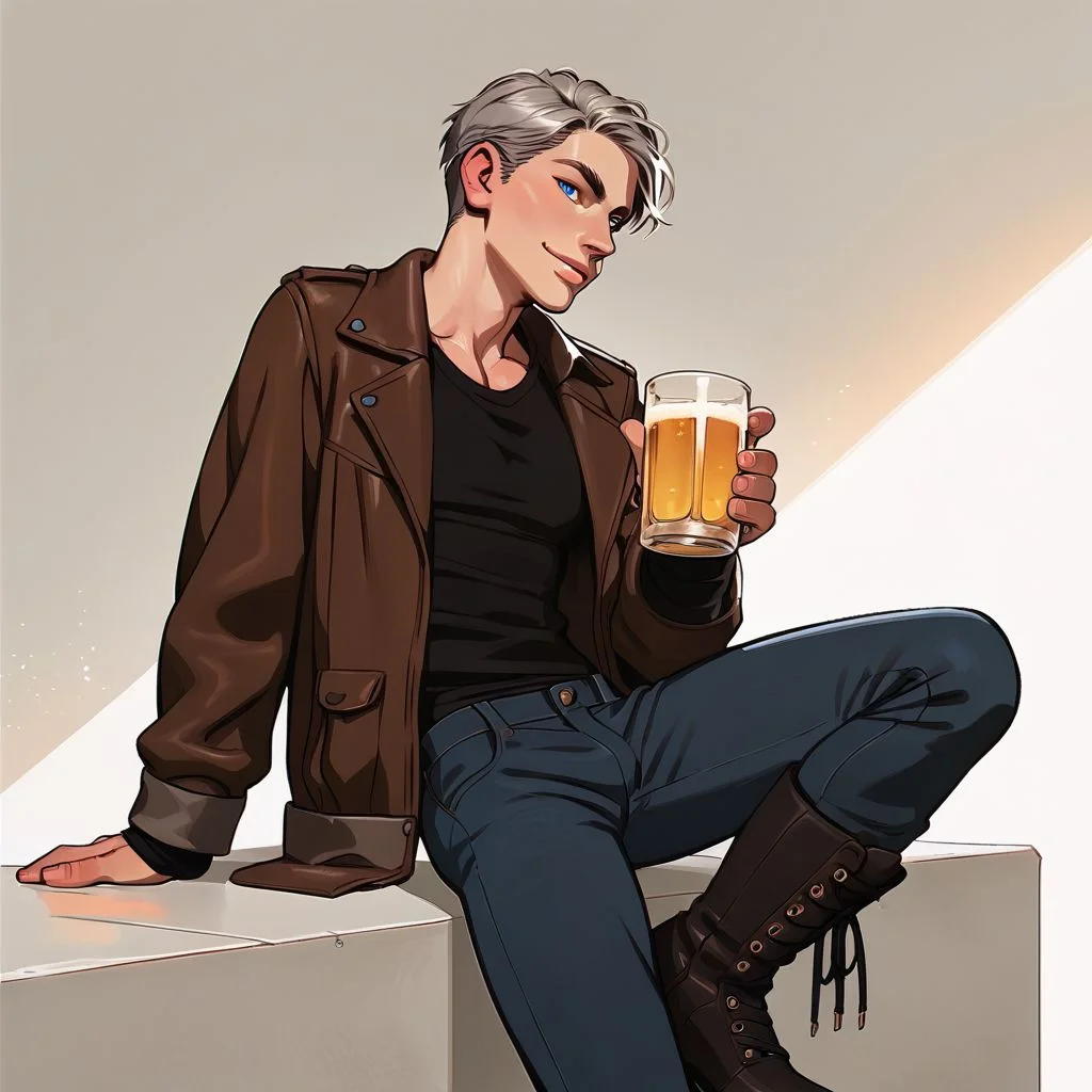 score_9, score_8_up, score_7_up, score_6_up, score_5_up, white male, blond hair, blue eyes, muscular, tall 1boy, leonkennedy, grey hair, short hair, alone, smirking, brown leather bomber jacket, black tee shirt, blue jeans, black boots, in a bar, holding a glass of beer, semi realistic, hyperdetailed, hyperrealistic, intricate details, naturalism, mood lighting, cinematic lighting, volumetric lighting,