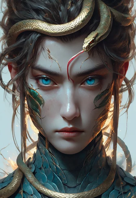 minimalism style, WLOP art style, a character worrior , facial muscles, eye light, snake behind, cinematic foootage, fantasy, intricate details,8k post production,dark red gold tone blue white green