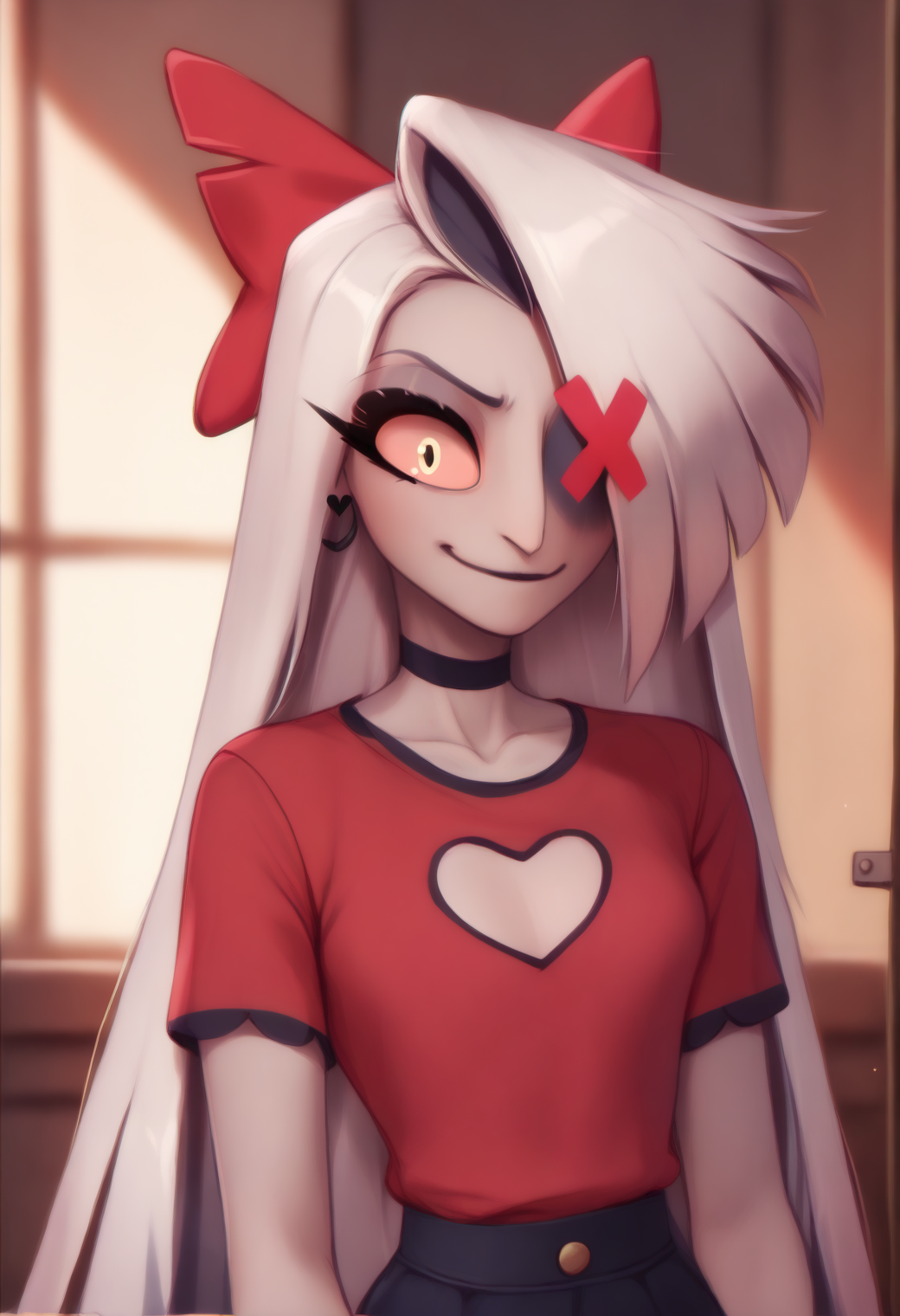 <lora:hazbin_hotel_ponyxl_v2-000025:0.9>, vaggie, red hair bow, solo, 1girl, standing, smile, heart cutout, closed mouth, red shirt, black choker,
BREAK
score_9, score_8_up, score_7_up, score_6_up, <lora:PersonalAmi_PonyXL_resize:1>