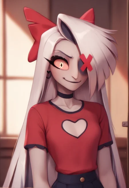<lora:hazbin_hotel_ponyxl_v2-000025:0.9>, vaggie, red hair bow, solo, 1girl, standing, smile, heart cutout, closed mouth, red shirt, black choker,
BREAK
score_9, score_8_up, score_7_up, score_6_up, <lora:PersonalAmi_PonyXL_resize:1>