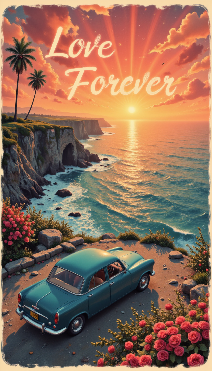 pinkvintagevalentine,
A retro postcard design featuring a classic car parked near a cliffside, overlooking an ocean sunset with "Love Forever" written in cursive.