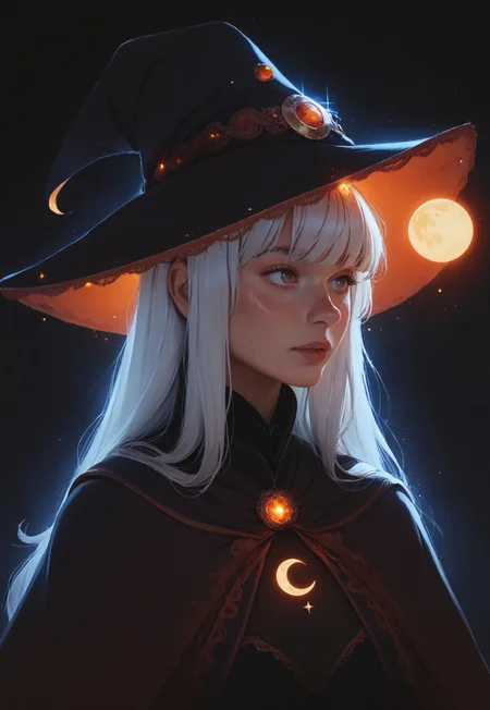 safe_pos, 1girl, silver hair, red lace robes, witch, witch hat, 

magic, glowing, lighting,

long hair, bangs, small breasts, freckles, freckled,

simple ethereal dark background, glowing orange  constellations, crescent moon, upper body, 

score_8, score_9_up,