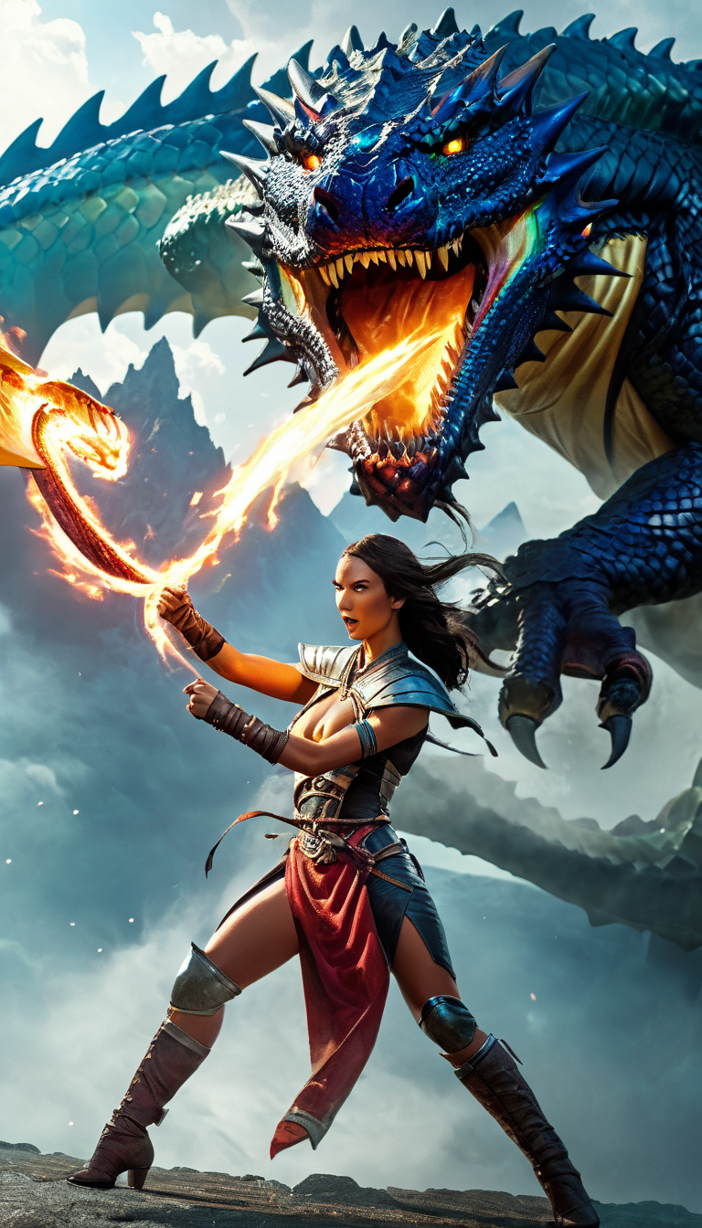 Colorful stunning female adventurer in exotic outfit fighting a giant majestic dangerous dragon, adventure, fantasy, science fiction, sci-fi, extremely beautiful piercing eyes, cinematic scene, hero view, action pose, scenery, detailed background, masterpiece, best quality, high quality, intricate, absurdres, very detailed, extremely high resolution, 8k, vivid, colorful, Greg Rutkowski <lora:greg_rutkowski_xl_v2:1.5>