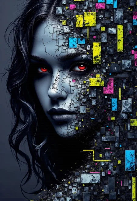 bo-abyss, bo-digitalabstract, in the style of cksc, A woman with fragmented, digital distortions cascading across her face. Her features are partially pixelated, with vibrant neon hues of electric blue, hot pink, and lime green bleeding through the cracks. Glitch effects warp her expression, creating a sense of motion and surrealism. In the background, a chaotic blend of static, binary code, and geometric shapes swirls, as if she is emerging from a corrupted digital void. The overall mood is both haunting and mesmerizing, blending human emotion with the cold, fragmented aesthetic of technology gone awry