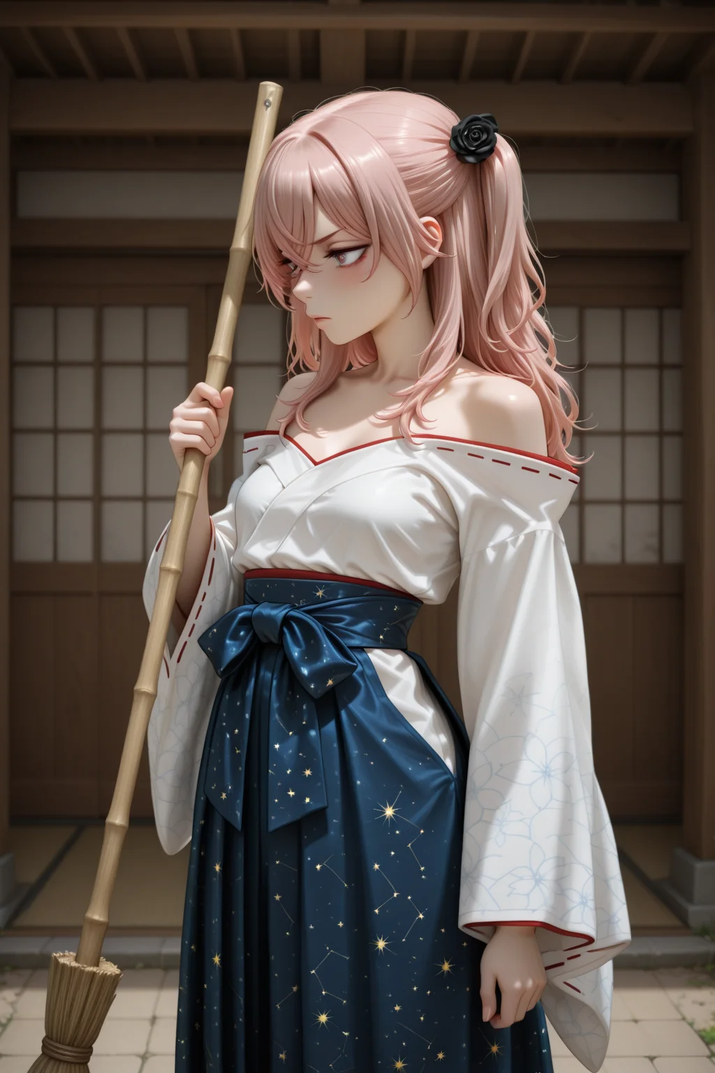 masterpiece, best quality, amazing quality, 1girl, solo, makeup, general, blush, cowboy shot, angry, outdoors, cherry blossoms, shrine, torii, holding broom, cleaning, from side, serene, miko, day, sunlight, sky, cloud, chore, <lora:sajuna-inui-s1-illustriousxl-lora-nochekaiser:1>, sajuna inui, inui sajuna, long hair, bangs, hair ornament, hair between eyes, pink hair, pink eyes, two side up, crossed bangs, black flower, black rose, mature female, small breasts, <lora:Celestial_Shrine_Maiden_Outfit:1>, Celestial_Shrine_Maiden_Outfit, long sleeves, bare shoulders, japanese clothes, wide sleeves, off shoulder, blue hakama skirt, blue hakama, bow, blue bow, star print, sash, obi, collarbone, star(symbol), starry sky print, constellation print, long skirt, socks, ribbon trim, ribbon-trimmed sleeves, zouri, miko, <lora:wai-2Rectified-V140:1>, <lora:illustrious_noobai_epsilon_pred_1_masterpieces_v1:1>