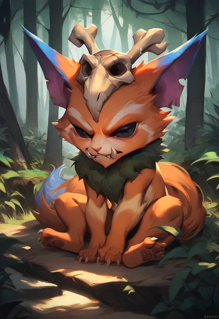 score_9, score_8_up, score_7_up, score_6_up, gn4r, 1boy, yordle, fangs, teeth, skull on head, orange fur, black eyes, tail, full body, forest,
<lora:Manwha_Anime_Style:1>, manhwastyle, <lora:Gnar_Default_v1:0.75>, solo, looking at viewer, sitting, (sad)