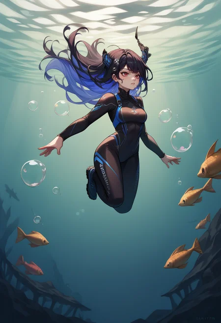 score_9, score_8_up, score_7_up, source_anime, 1girl, solo, NerissaRavencroft, colored inner hair, black hair, blue hair, red eyes, slit pupils, uneven horns, long hair, underwater, bubbles, diving, diving suit, <lora:ChamNerissaRavencroftPonyXLCame-000008:1>