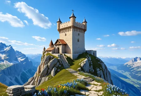 a crusader watchtower on a (tall rock spire), (13th Century:1.5), a stairway to the keep, doorway, very wide shot, far out shot, fantasy, blue sky, alpine meadow flowers, best quality, masterpiece, realistic, photo-realistic, amazing, finely detail, ultra-detailed, highres, extremely detailed, 8k wallpaper