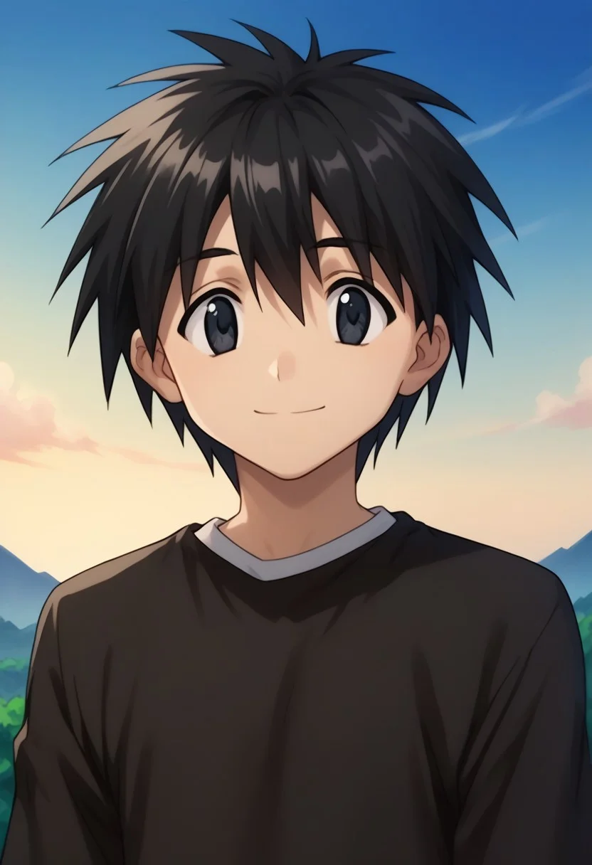score_9, score_8_up, score_7_up, source_anime, highly detailed,
ikuto, 1boy, male focus, solo, black hair, hair between eyes, black eyes, shirt, black shirt, white shirt, short over long sleeves,
outdoor, island, palms, sky, upper body, smile,