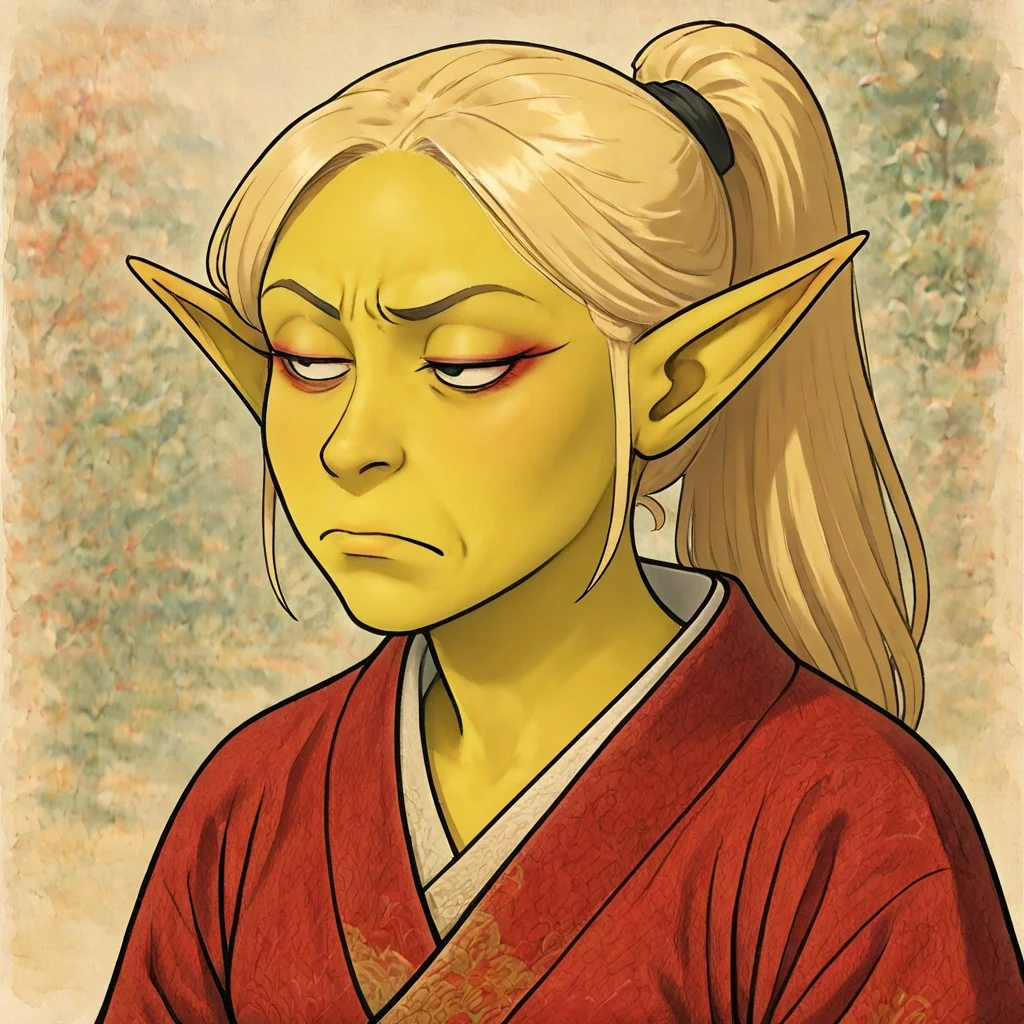 masterpiece, best quality, newest, absurdres, highres, anime, anime style, TSLV1.0, skeptical expression, judgmental look, side-eye, half-closed eyes, tight-lipped, furrowed brow, frown, looking sideways,
1girl, asian, asian female, elf, elf girl, pointy ears, long hair, yellow skin, blonde hair, golden colored skin, kimono, red kimono, ponytail long ponytail, high taied ponytail, makeup, mascara,