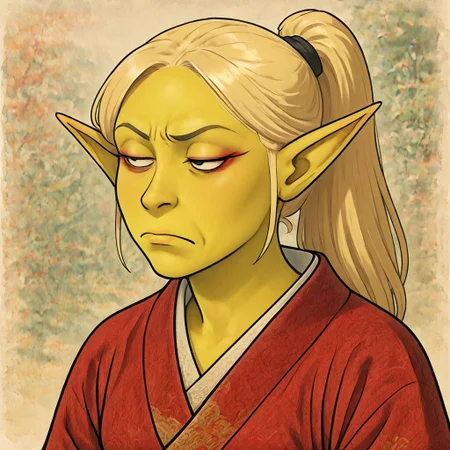 masterpiece, best quality, newest, absurdres, highres, anime, anime style, TSLV1.0, skeptical expression, judgmental look, side-eye, half-closed eyes, tight-lipped, furrowed brow, frown, looking sideways,
1girl, asian, asian female, elf, elf girl, pointy ears, long hair, yellow skin, blonde hair, golden colored skin, kimono, red kimono, ponytail long ponytail, high taied ponytail, makeup, mascara,