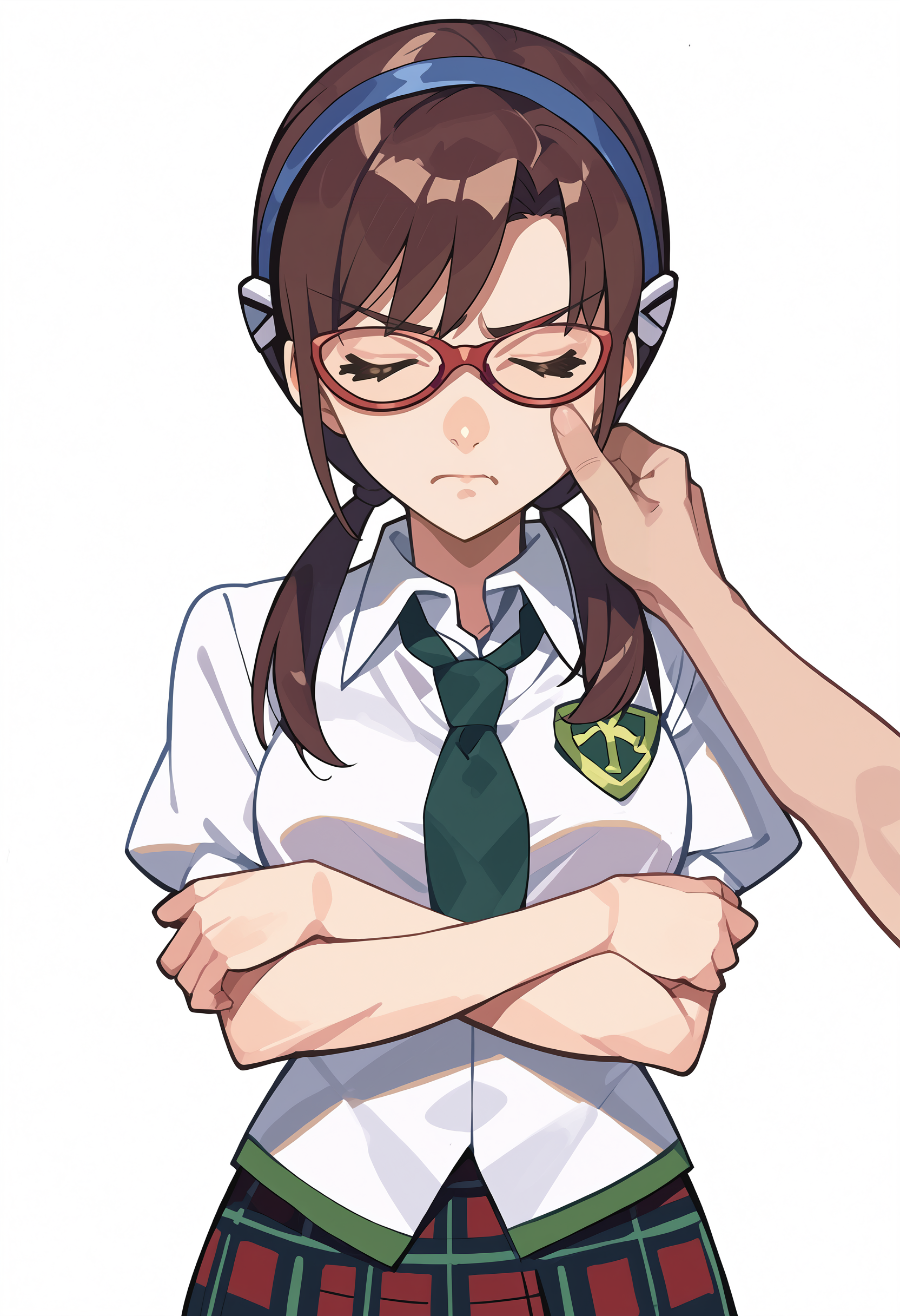score_9, score_8_up, score_7_up,  source_anime, 1girl, cheek pinching, pov hands, <lora:PinchingPOVOneHand_XLPD:.95> <lora:Degen_Mari_v2:.95> mari-school,  hairband, closed eyes, pout, red-framed eyewear, untucked shirt,  crossed arms, brown hair, <lora:Pout_XLPD:.6>  white background, plaid skirt, emblem, cowboy shot, white shirt, green necktie, <lora:StS_age_slider_v1_initial_release:1.5>  <lora:balsamique-guy-PONYv1:0.6>