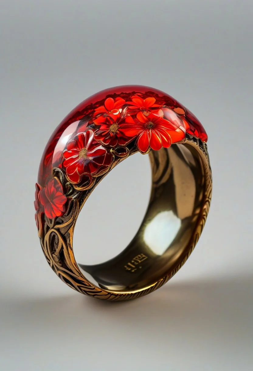 End_JewelryMorph, a ring with a red flower inside a red glass dome