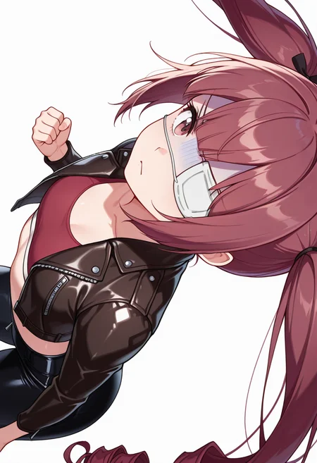 Smooth Quality,masterpiece,very intricate, high quality details, ultra realistic, high detailed skin,detailed enviorement,absurdres,
clenched hand,
<lora:Hanazono_Yurine_CNR:0.8> yurine_cnr, brown hair,very long hair, brown eyes, medical eyepatch, frown, twintails, drill hair,, simple background, white background, sideways,solo,, turn pale,, sports bra, ,leather jacket, ,harem pants, ,