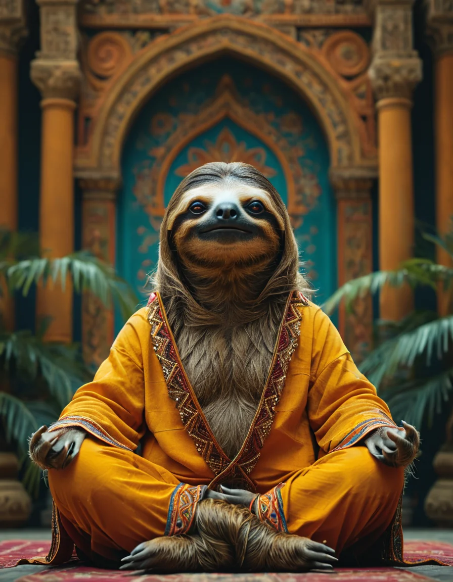cinematic still sloth meditating . emotional, harmonious, vignette, 4k epic detailed, shot on kodak, 35mm photo, sharp focus, high budget, cinemascope, moody, epic, gorgeous, film grain, grainy, sloth meditating, intricate, elegant, highly detailed, wonderful quality, dramatic light, sharp focus, beautiful composition, clear aesthetic, cinematic, extremely attractive, creative, fine detail, colorful, epic color, winning modern perfect, great symmetry, vivid colors, inspired, rich deep background, open complex artistic, fantastic, thought, iconic, imposing, amazing, marvelous, awesome