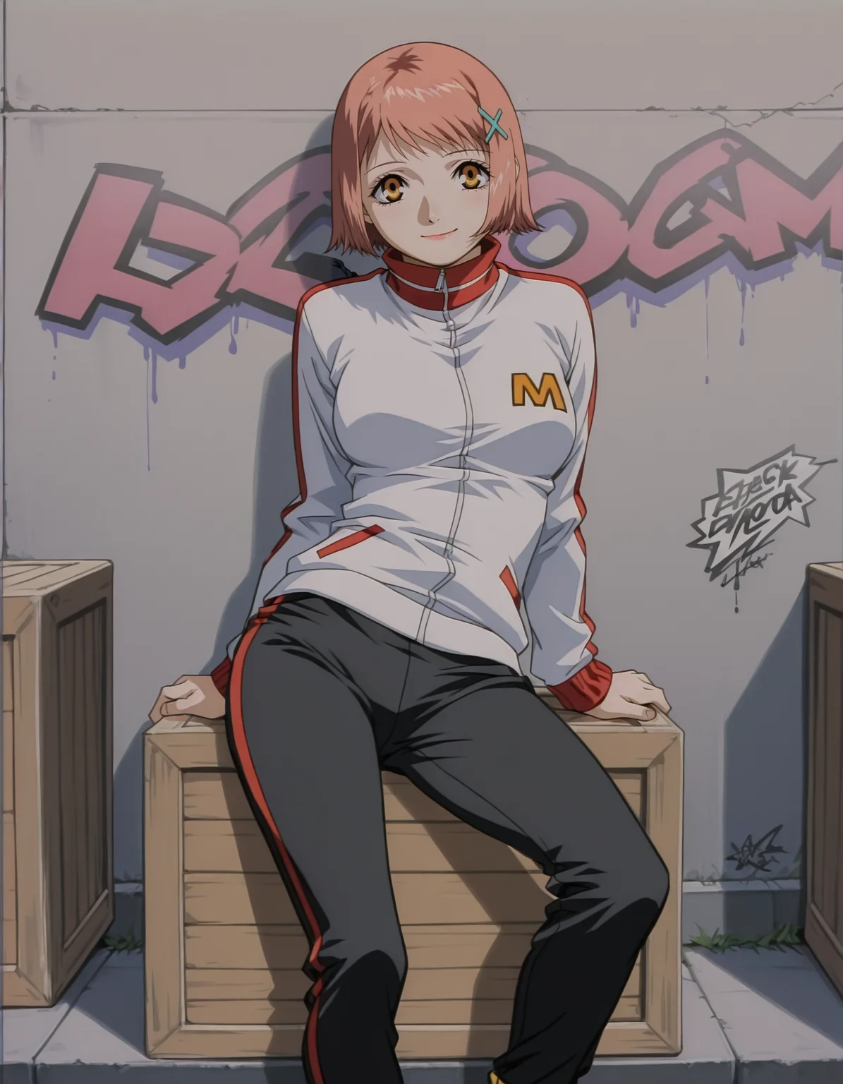 <lora:mikura-noupscale-illustrious-000020:1> mikuraova
hairclip, track jacket, white jacket, red stripes, black pants,
1girl, solo, graffiti, wall, sidewalk, crate, sitting, contrapposto, smile, masterpiece, best quality