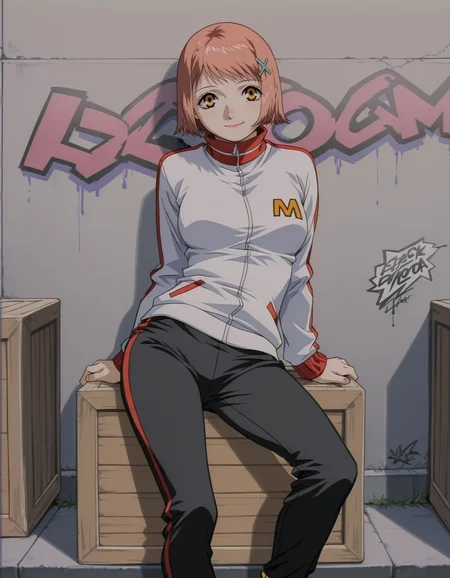 <lora:mikura-noupscale-illustrious-000020:1> mikuraova
hairclip, track jacket, white jacket, red stripes, black pants,
1girl, solo, graffiti, wall, sidewalk, crate, sitting, contrapposto, smile, masterpiece, best quality