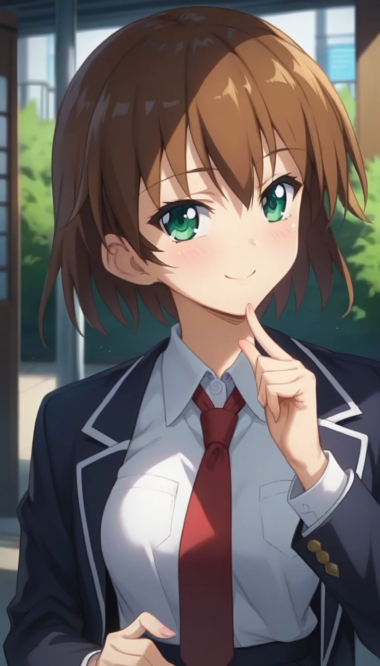 score_9,score_8_up,score_7_up,score_6_up BREAK official art,solo,outdoors,upper body,(portrait:1.5),looking at viewer,facing viewer,smile,blush,Natsume Makino,short hair,brown hair,hair between eyes,bangs,green eyes,school uniform,black jacket,blazer,collared shirt,white shirt,red necktie,medium breasts,skindentation,long sleeves,black skirt,pleated skirt,zettai ryouiki,black thighhighs,loafers,<lora:Natsume Makino(oc2)-Pony:1.6>,