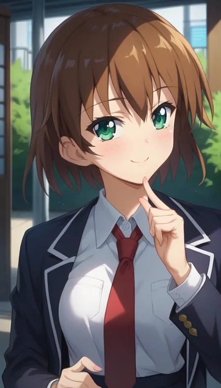 score_9,score_8_up,score_7_up,score_6_up BREAK official art,solo,outdoors,upper body,(portrait:1.5),looking at viewer,facing viewer,smile,blush,Natsume Makino,short hair,brown hair,hair between eyes,bangs,green eyes,school uniform,black jacket,blazer,collared shirt,white shirt,red necktie,medium breasts,skindentation,long sleeves,black skirt,pleated skirt,zettai ryouiki,black thighhighs,loafers,<lora:Natsume Makino(oc2)-Pony:1.6>,