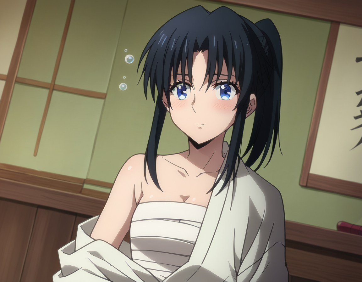 score_9, score_8_up, score_7_up, source_anime,
kaorukamiya, <lora:kaoru-kamiya-ponyxl-lora-nochekaiser:1>
kaoru kamiya, blue eyes, black hair,
cleavage, japanese clothes, open clothes, kimono, bandages, hakama, sarashi, open kimono, chest sarashi, hadanugi dousa, bokken, ponytail,
indoors, bed, bed room, on side, blush, drunk,
looking at viewer, dutch angle, cowboy shot