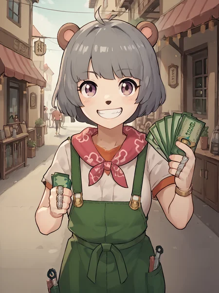 1girl, solo, high quality, score_9_up, score_8_up, score_7_up, <lora:pnpk_A02:0.8> <lora:gangstersb-guy-PONYv1:1.2> gangstersb holding money smile