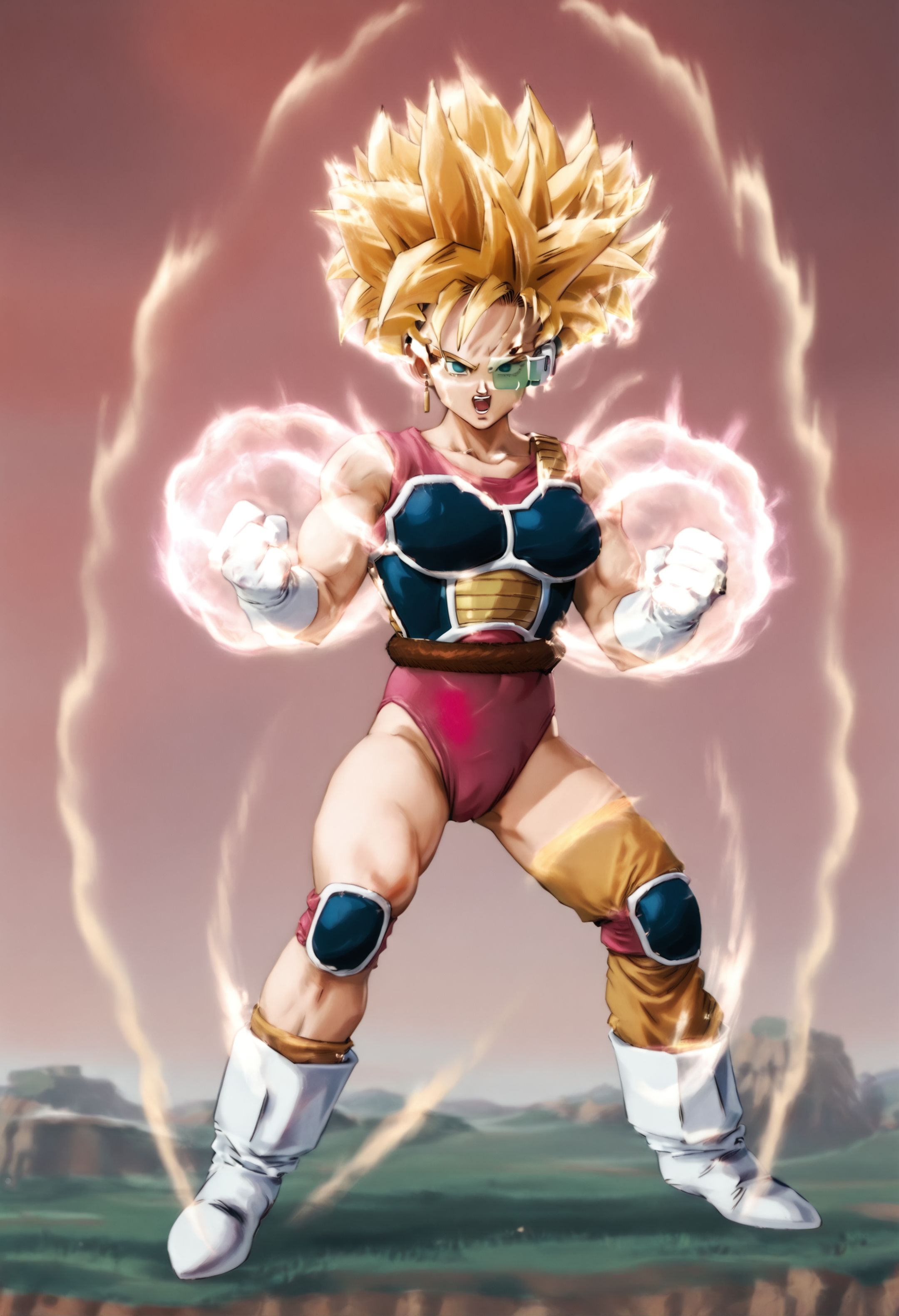 score_9, score_8_up, score_7_up, score_6_up, realistic, 1girl, full body,<lora:super-saiyan-ponyxl-lora-nochekaiser:1.0>, super saiyan, (spiky hair), aura, open mouth, closed hands, shouting, short hair, blonde hair, monkey tail, <lora:Fasha:1.0> fasha, Saiyan Armor,  gloves, boots, short hair, spiked hair, eyewear, (pink leotard),serious BREAK muscular, florest in background