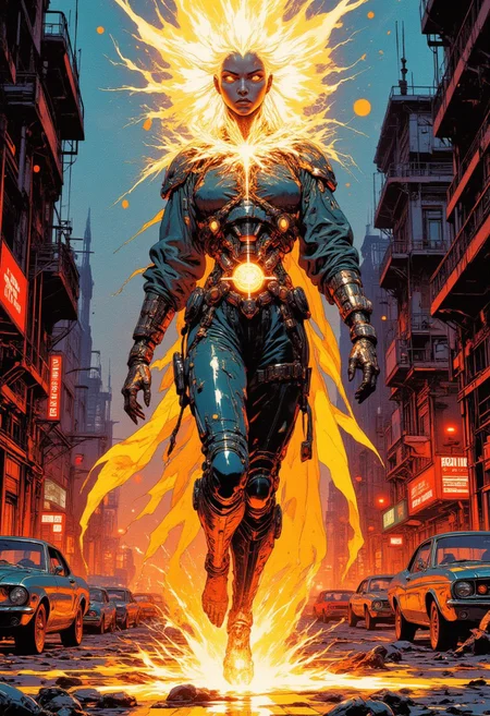 a digital cyberpunk painting, featuring a female sorceress, levitating in the middle of a street. she wears a high tech battle suit, complemented with casual clothing. her body is brimming in arcane power, her eyes glowing and sparkling, her head surrounded by a vibrating glow, her hands cramped and sparkling. her body protected by an invisible spherical barrier, violently tearing open the street below her and other objects nearby. the alley of an megacity slum, is filled with parking cars, some futuristic, others vintage. they are effortlessly crushed by her telepathic powers, some of them burning. the buildings are ruined, with broken windows, blown out doors and cracks in the walls. behind her, the remains of her enemies, bodies exploded or armored body parts cleanly cut off. the scene witnesses the brutal carnage of an rouge sorceress with ultimate power. the image focuses on the extreme power she emits and the path of destruction she leaves behind with explosions and fires.