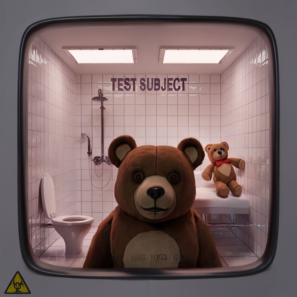 <lora:testchamberV2:0.8> testchamber, glass wall, clean, tiles, bathroom, close-up, teddy bear, toy, looking at viewer, creepy, score_9, score_8_up, score_7_up, score_6_up, score_5_up, score_4_up, ponypositive,