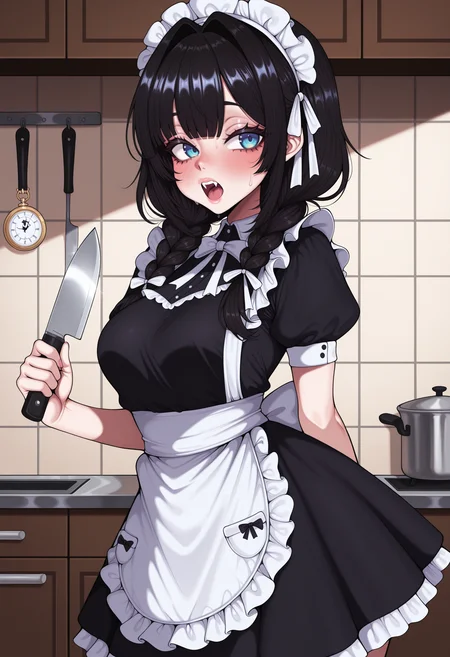 <lora:mixed:1>, STYLE_M1X, masterpiece, absurdres,amazing quality, best quality, extremely detailed, detailed background,1girl,apron,black dress,black hair,blue eyes,braid,dress,fangs,gaecho 123,hair intakes,hair ribbon,hat,holding,holding knife,kitchen knife,knife,long hair,low twin braids,maid apron,mob cap,official alternate costume,official alternate hairstyle,open mouth,pocket watch,ribbon,solo,teeth,twin braids,upper teeth only,virtual youtuber,watch,white apron,white ribbon