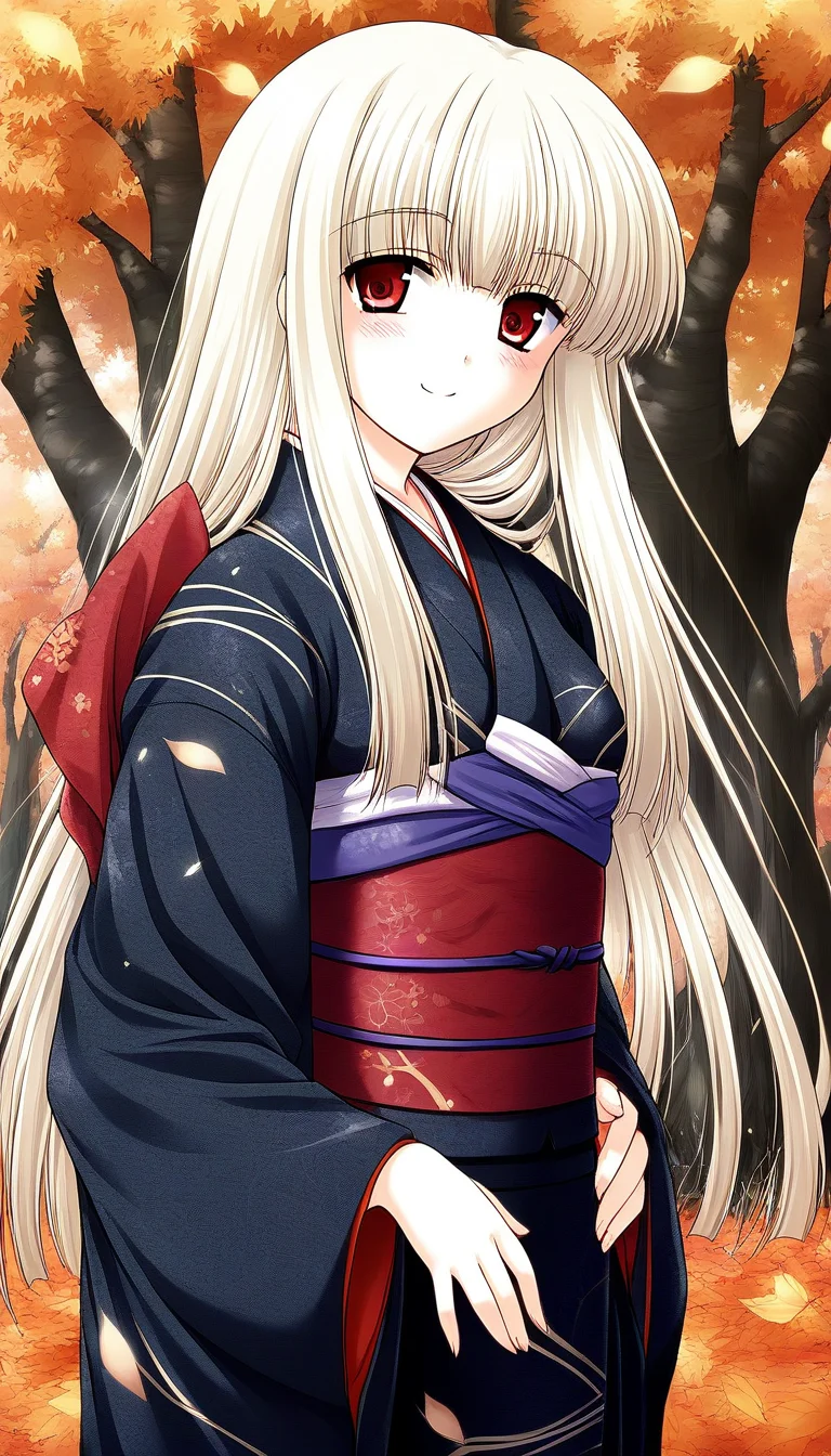score_9, score_8_up, score_7_up, source_anime, rating_explicit, BREAK <lora:Rindou_Ver2.0_XL:1> Rindou, solo, red eyes, long hair, white hair, blonde hair, albino,
japanese clothes, sash, black kimono, obi,
autumn, long sleeves, tree, blush, black kimono,
light_smile,
looking at viewer,
cowboy_Shot,