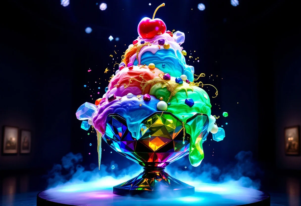 A colossal jewel-themed sundae towers on a polished obsidian pedestal, encased in a diamond-cut crystal chalice that refracts light into vivid rainbows. The sundae’s layers glisten like precious gems:
- Ruby sorbet: with fiery, crystalline flecks.
- Sapphire cream: with velvety marbled patterns.
- Emerald swirl: streaked with golden veins.
Toppings include faceted candy gems - ruby, sapphire, and emerald - scattered like treasure, iridescent pearl spheres, and cascading ribbons of shimmering gold leaf. A massive garnet-like candy cherry crowns the sundae, supported by sparkling spun platinum sugar threads.
The display glows under dramatic lighting, casting vibrant jewel-toned reflections onto the pedestal and surrounding gallery walls. Mist drifts at the base, enhancing its ethereal presence. The rich jewel tones, bold highlights, and deep shadows create a vivid, hyper-realistic atmosphere, making the sundae feel both luxurious and otherworldly.