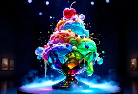 A colossal jewel-themed sundae towers on a polished obsidian pedestal, encased in a diamond-cut crystal chalice that refracts light into vivid rainbows. The sundae’s layers glisten like precious gems:
- Ruby sorbet: with fiery, crystalline flecks.
- Sapphire cream: with velvety marbled patterns.
- Emerald swirl: streaked with golden veins.
Toppings include faceted candy gems - ruby, sapphire, and emerald - scattered like treasure, iridescent pearl spheres, and cascading ribbons of shimmering gold leaf. A massive garnet-like candy cherry crowns the sundae, supported by sparkling spun platinum sugar threads.
The display glows under dramatic lighting, casting vibrant jewel-toned reflections onto the pedestal and surrounding gallery walls. Mist drifts at the base, enhancing its ethereal presence. The rich jewel tones, bold highlights, and deep shadows create a vivid, hyper-realistic atmosphere, making the sundae feel both luxurious and otherworldly.