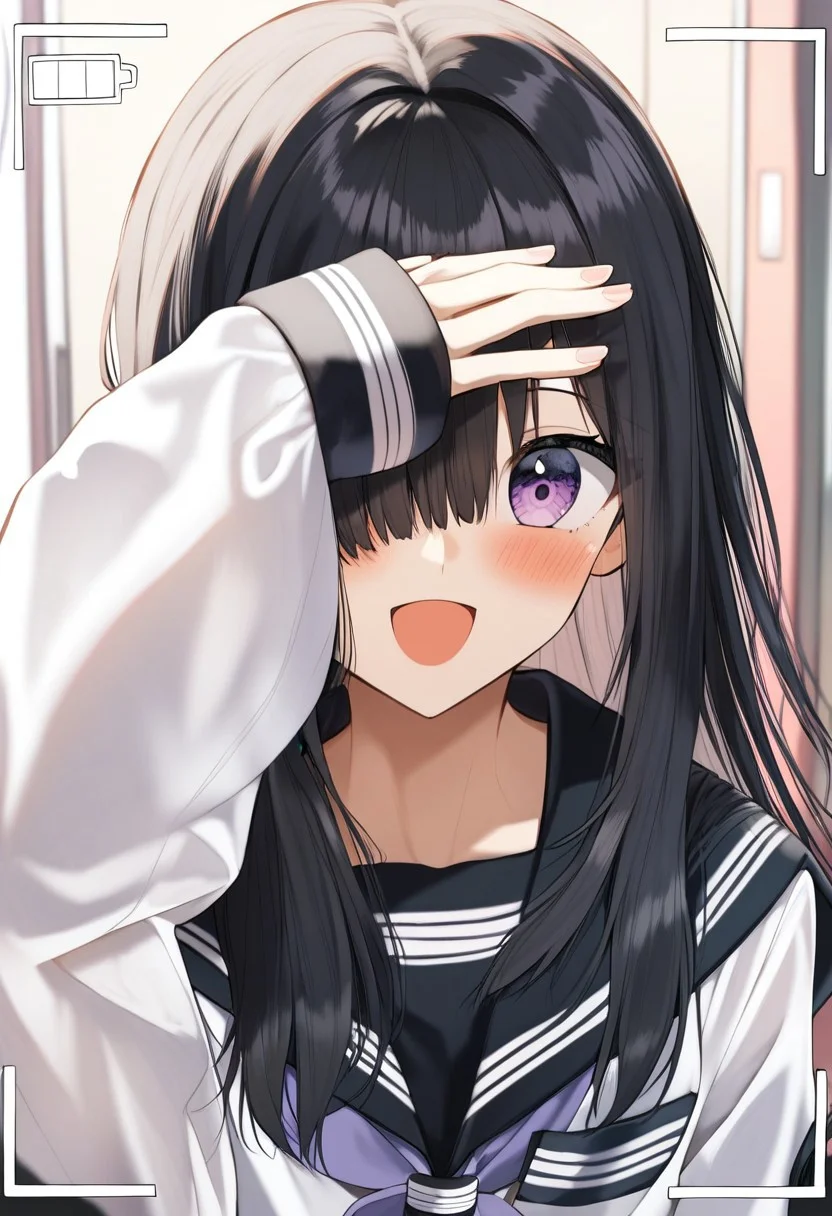 score_9, score_8_up, score_7_up, source_anime, hi res, masterpiece, best quality, highres, rkanime_ps, 1girl, black sailor collar, black hair, solo, sleeves past wrists, sailor collar, long sleeves, neckerchief, purple eyes, shirt, white shirt, long hair, school uniform, bangs, !, serafuku, hair over one eye, !!, looking at viewer, smile, blush, puffy sleeves, upper body, open mouth, puffy long sleeves, :d, hand up, covering one eye, phone screen, viewfinder
