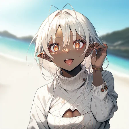 score_9, score_8_up, score_7_up, score_6_up, source_anime, outdoors, beach, ocean, , ((chromatic aberation, blurry background)), sunlight, solo, , ((( detailed lighting, rendered, beatiful eyes, perfect hair, detailed face and body, detail1eye))),<lora:MuramasaSanseiPonyV1:0.8> murasansei, sweater, cleavage cutout, large breasts, jeans, looking at viewer, smile, hand up, fingernails, looking at viewer, open mouth, smile, adjusting hair,ARKNIGHTS NOBODY
