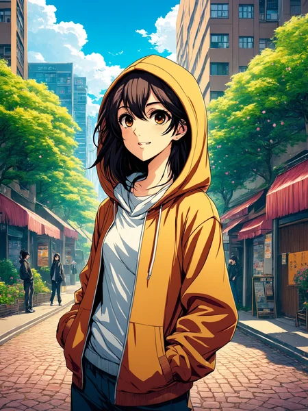 anime artwork illustration comics anime
outdoors,solo,city street,EPinKagome,black hair,brown eyes,long hair,hoodie,sweatpants,v,midriff peek,happy
, anime style, key visual, vibrant, studio anime, highly detailed
<lora:grainy-v1:0.8>