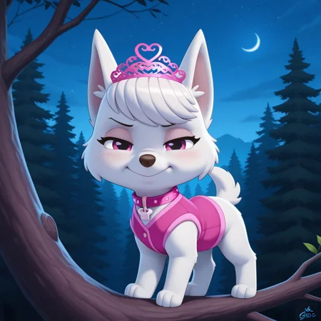 Sweetie(PP), solo, 1girl, feral, dog, dog girl, West Highland White Terrier, white fur, bangs, pointed dog ears, dog tail, short tail, pink eyes, pink collar, crown shaped dog tag, pink tiara, pink vest, full body, looking at viewer, standing on tree branch, eyes half closed, stoic expression, nighttime, forest background,
