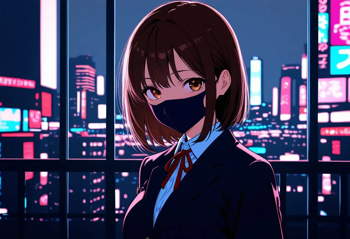 1girl, city center, Smooth_Quality, school uniform, vivid colors, face mask, brown hair