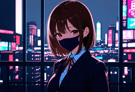 1girl, city center, Smooth_Quality, school uniform, vivid colors, face mask, brown hair