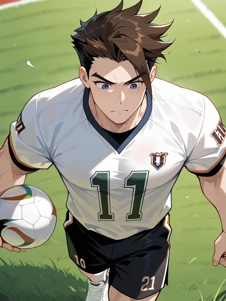 anthro,masterpiece,best quality,amazing quality,very aesthetic,absurdres,1boy,newest,male,absolute_territory,pectorals,detailed,feet,muscular,gao xun,brown hair,short hair,blue eyes,spiky hair,<lora:é«è¿
:1>,outdoor,day,cowboy_shot,standing on the grass of the football field,foot on football,from the front,wearing a white football uniform,black shorts,white sneakers,football,