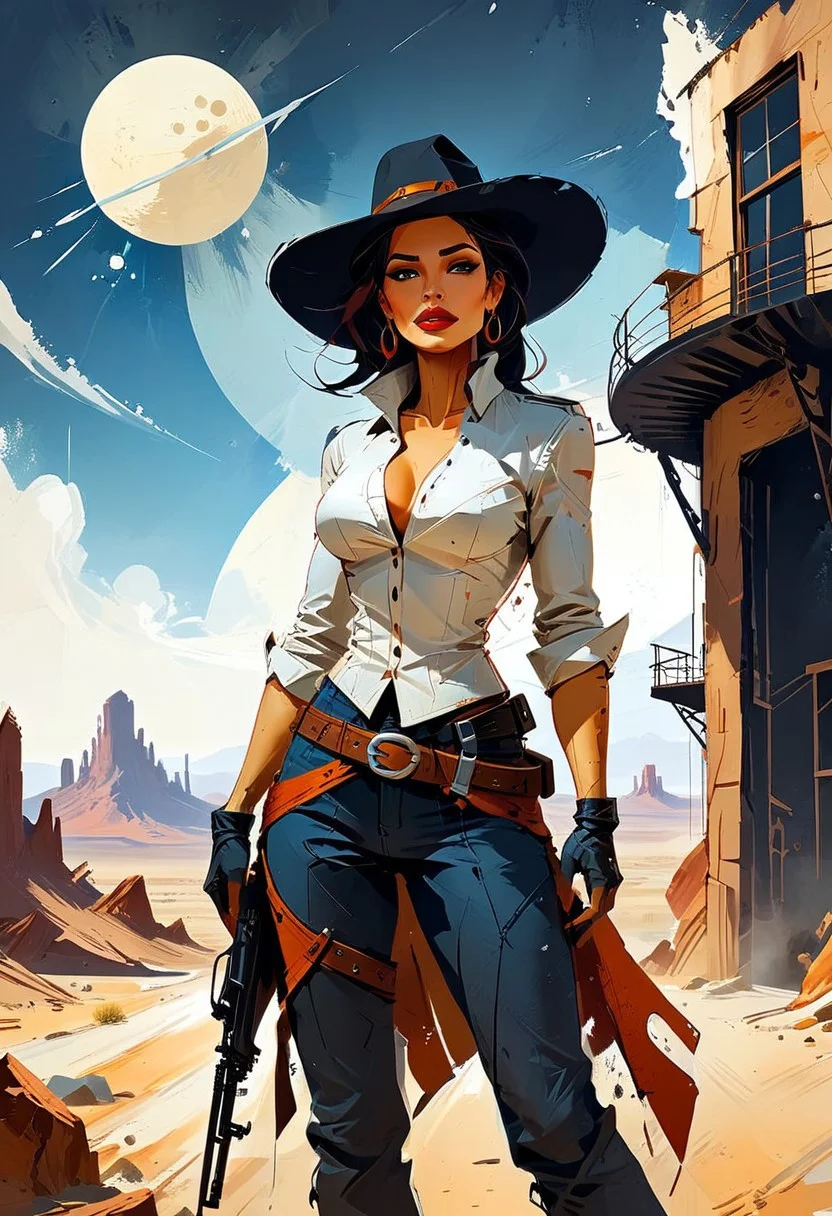 ((colorart, 'Weird West' style illustration, high-contrast art style)) a lone female futuristic gunslinger, astropunk, head tilted down, ten-gallon hat, smirking, leaning against the side of a building, desolate planetary outpost station, fantasy + scifi, space western,