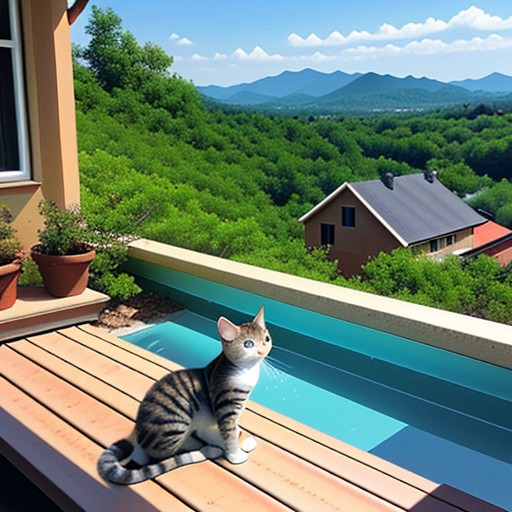 Cute kitten, beautiful view, beautiful house, summer,