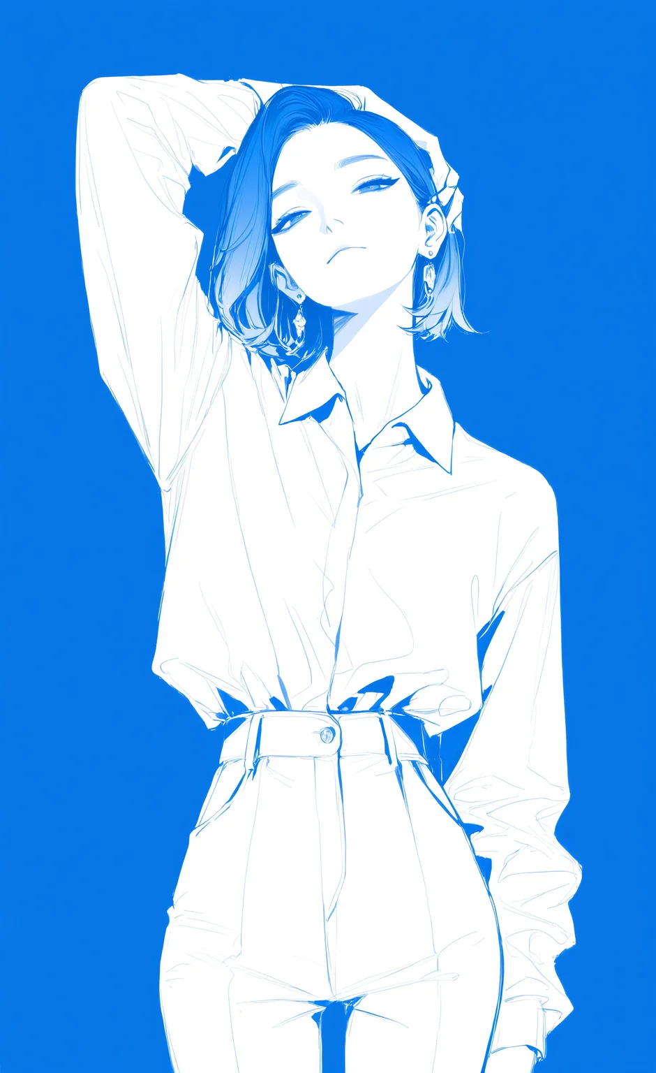 masterpiece, best quality, good quality, very awa, very aesthetic, absurdres, newest, 1girl, solo, looking at viewer, short hair, blue eyes, simple background, shirt, long sleeves, closed mouth, jewelry, white shirt, monochrome, cowboy shot, earrings, collared shirt, pants, arm up, see-through, head tilt, blue background, half-closed eyes, arm behind head, hand in own hair, white pants, blue theme, shirt tucked in, hair behind ear, hand on own head, k-pop <lora:ponyv6_noobV1_2_adamW-000017:0.8> <lora:USNR_STYLE_XL_lokr:0.45> <lora:EtherSDXL:0.15>