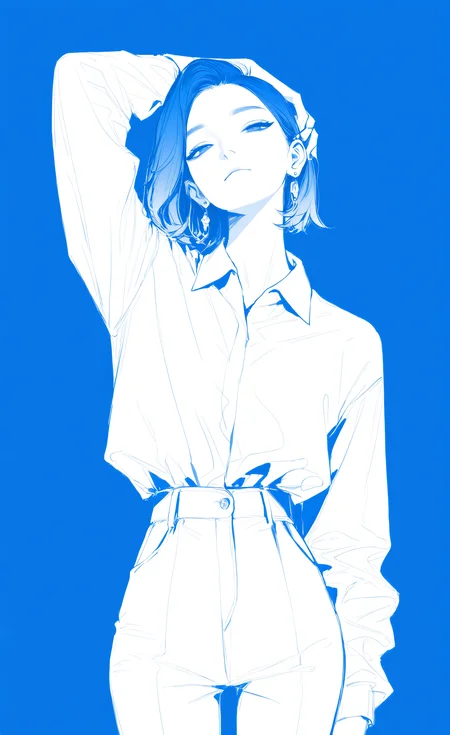 masterpiece, best quality, good quality, very awa, very aesthetic, absurdres, newest, 1girl, solo, looking at viewer, short hair, blue eyes, simple background, shirt, long sleeves, closed mouth, jewelry, white shirt, monochrome, cowboy shot, earrings, collared shirt, pants, arm up, see-through, head tilt, blue background, half-closed eyes, arm behind head, hand in own hair, white pants, blue theme, shirt tucked in, hair behind ear, hand on own head, k-pop <lora:ponyv6_noobV1_2_adamW-000017:0.8> <lora:USNR_STYLE_XL_lokr:0.45> <lora:EtherSDXL:0.15>
