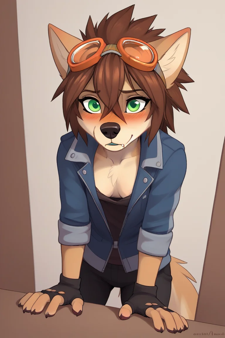 score_9, source_furry,
<lora:Wendy_Wolfy-Nail:0.8> w3ndywn, 1girl, female wolf, hair between eyes, blue jacket outfit, spiked hair, green eyes, orange (goggles), animal ears, wolf ears, fingerless gloves, brown hair, blush, black nose, long snout,
skinny, flat chest,
dynamic angle,
downblouse,