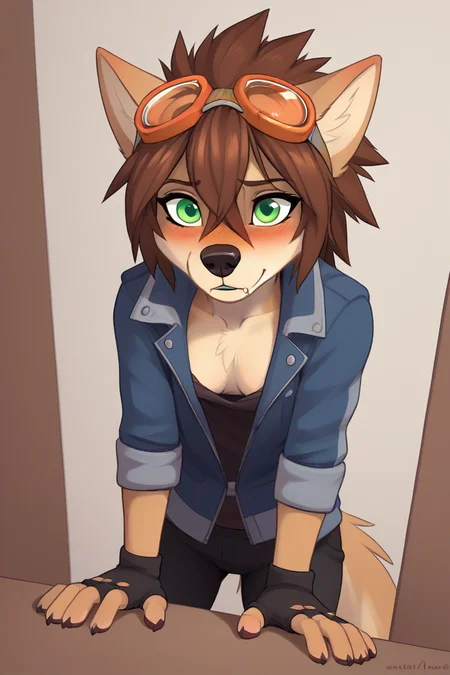 score_9, source_furry,
<lora:Wendy_Wolfy-Nail:0.8> w3ndywn, 1girl, female wolf, hair between eyes, blue jacket outfit, spiked hair, green eyes, orange (goggles), animal ears, wolf ears, fingerless gloves, brown hair, blush, black nose, long snout,
skinny, flat chest,
dynamic angle,
downblouse,
