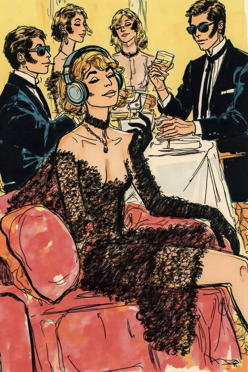 hugop1 illustration. 
A stylish young woman in a lace dress, wearing oversized headphones, lounges on a plush velvet couch with an air of cool detachment. She dons sleek black gloves, embodying the effortless glamour of the era. In the background, a group of fashionable, well-dressed people in tailored suits and cocktail dresses sit around a table, enjoying drinks and conversation, all wearing sunglasses. 
 <lora:hugop1_cap_d6a3e12:1.0><lora:824402978292275908:0>